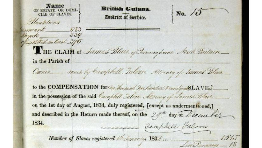 1834 compensation claim form for enslaved people